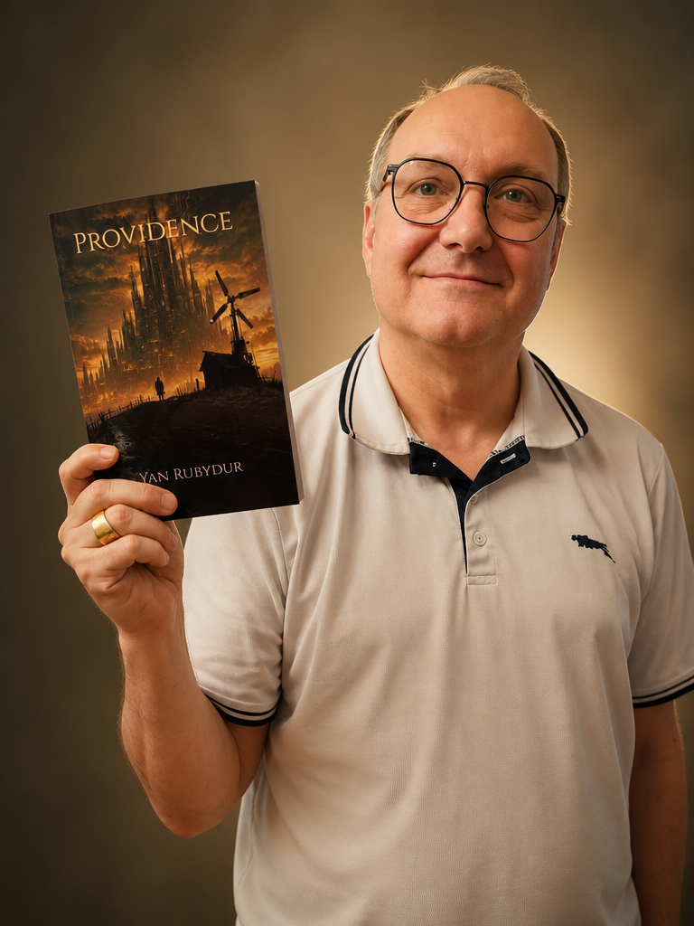 L'auteur tenant un exemplaire de Providence